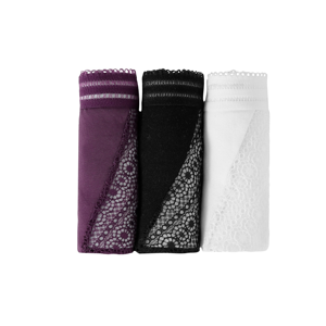 Blancheporte Midi jednobarevné kalhotky s krajkovou vsadkou, sada 3 ks černá+bílá+švestková 38/40