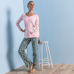 Blancheporte Pyžamové tričko s dlouhými rukávy, středový potisk motýlů růžová 54
