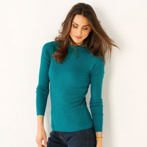 Blancheporte Žebrovaný pulovr se stojáčkem, délka cca 63 cm smaragdová 42/44